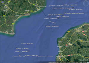 Screenshot of map plotting 14 'effectively ignored' reported small boats