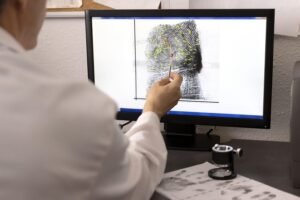 Police scientist checking fingerprint records