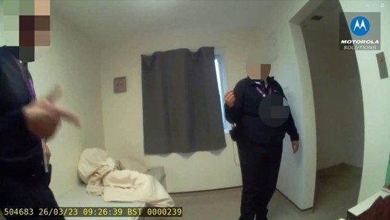 The jury saw an image from body worn camera footage, showing the care suite after Mr Ospina's body was discovered in the adjoining bathroom. (Image supplied by West London Coroner's Court)