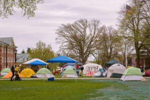 Medford, MA, US-April 30, 2024: Pro-Palestinian protesters at Tufts University set up a tent encampment to protest the war in Gaza.