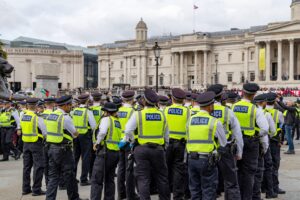 London Metropolitan police officers in Trafalgar Square to police pro Palestine anti Israel protest by demonstrators, October 4th, 2025