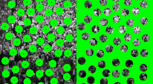 An image of members of the public with green circles containing numbers covering their faces
