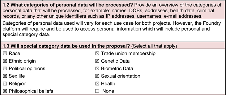 A screenshot of an internal police document showing what kinds of data would be processed by Project Nectar
