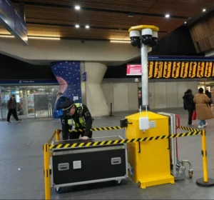 An image of live facial recognition cameras at London Bridge station